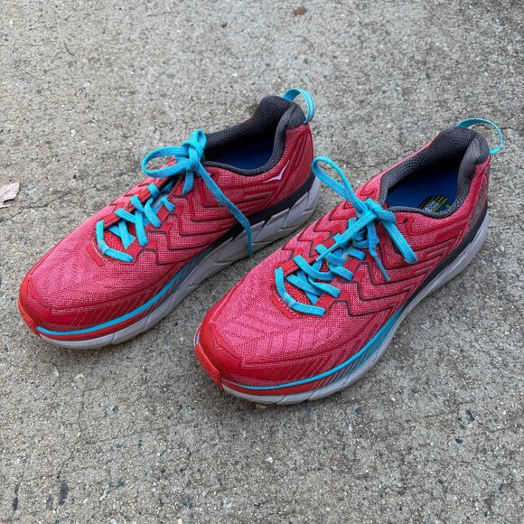 Hoka One One Clifton 4 Womens 9.5 Red Blue Running Walking Sneaker Trainers Gym - Picture 1 of 7